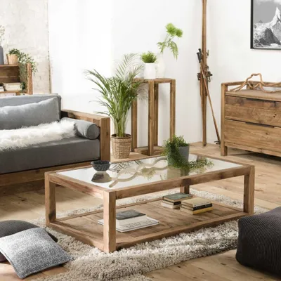 Image de SANDY - Table basse 1 plateau verre 1 plateau bois Pin recyclé SANDY