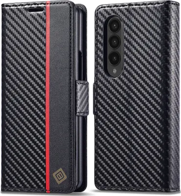 Obrázek produktu pro Pouzdro pro Samsung Galaxy Z Fold 4 5G Karbónové kožené pouzdro s držákem karet, magnetem a stojánku černé Vertikální červené