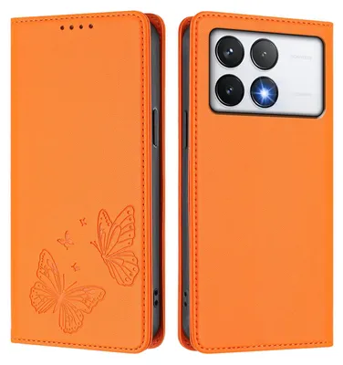 Produktbild von Lederhülle für Xiaomi Poco F6 Pro, Schmetterling Prägung Leder Brieftasche Schutzhülle mit Ständer Orange