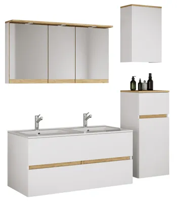 Immagine prodotto di Set bagno doppio Cosila a 5 pezzi con doppio lavabo in Vetroceramica: mobiletto da bagno H. 51 x L. 111 x P. 51 cm con 2 cassetti a chiusura ammortizzata, mobiletto con specchio, illuminazione e presa, mobiletto intermedio e pensile, set bagno Cosila-I.