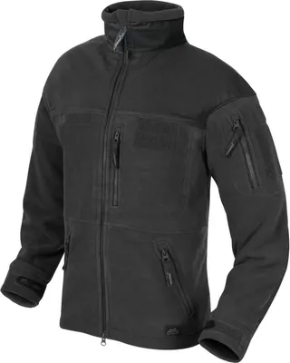 A black fleece jacket is shown against a white background.
