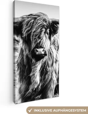 Produktbild von MuchoWow® - Leinwandbilder - Schottischer Highlander - Natur - Kuh - Schwarz - Weiß, Wandbild, Wanddeko Bilder Wohnzimmer, 40x80 cm