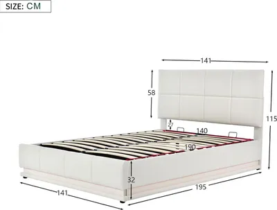 Obrázok produktu pre Čalúnená posteľ 140x190 cm s LED osvetlením, hydraulická funkčná posteľ s úložným priestorom, biela Imitácia kože, lamelový rošt manželskej postele, bez matraca, pohodlná posteľ pre mladých