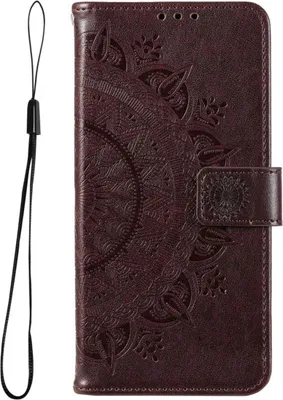 A closed flip case for a smartphone with a mandala pattern embossed on the cover.