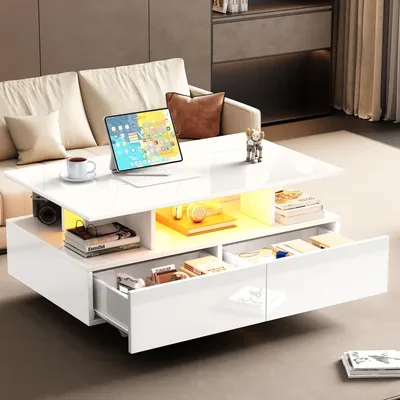 Image de OKWISH Table Basse - Design Moderne avec 2 Tiroirs et Rangements Intégrés, Plateau Laqué Haute Brillance - 90x55x41 cm, Blanc