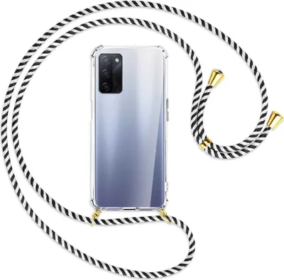 Produktbild von Handykette Backcover-Schutzhülle mit Band (Metall goldfarben) für Oppo A55 5G (PEMM00, PEMT00) - schwarz/weiß gestreift