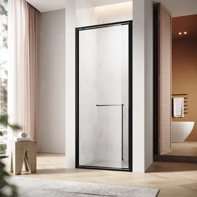 A modern bathroom with a shower enclosure, bathtub, and wooden stool.