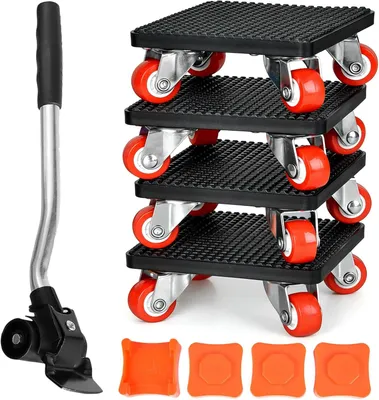 Produktbild von Möbeltransportrollen Set mit Lastenheber, 4 Möbelroller und 1 Hebewerkzeug, maximale Tragfähigkeit 400 kg, 360° Schwerlastrollen für Sofas, Betten und Kühlschränke