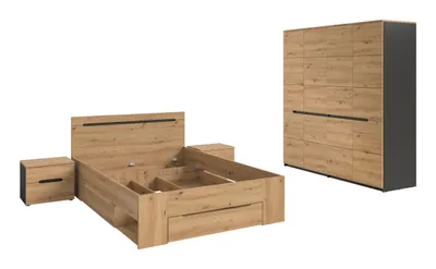 Image de Canu ensemble de chambre à coucher lit 140x200cm avec rangement, 2 tables de nuit, 1 armoire grise, chêneReproduction.