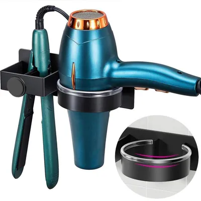 Produktbild von Hängender Haartrocknerhalter - Selbstklebend – Duschablage – Kein Bohren erforderlich - Wandmontage ohne Bohren – Haartrocknerhalter - Schwarz