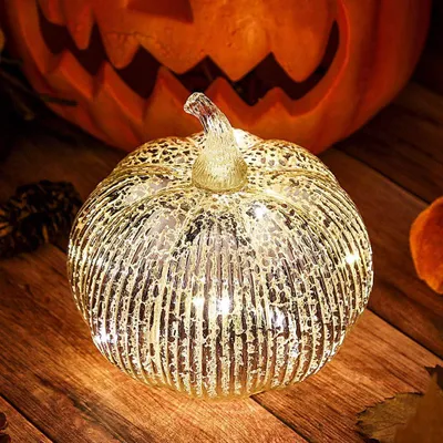 Productafbeelding van Mercury glass light up pumpkin met timer - Case decoratie voor home - Halloween pompoen decoratie (Zilver)