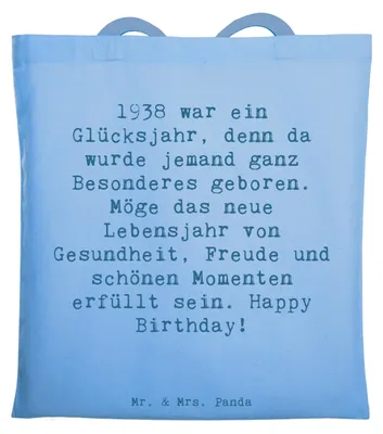 Produktbild von Mr. & Mrs. Panda Tote Bag Spruch 1938 Geburtstag - Sky Blue - Geschenk, Tasche, Uni, Happy Birthday, Geburtstagsgeschenk, Schultasche, Einkaufstasche, Geburtstagsglück