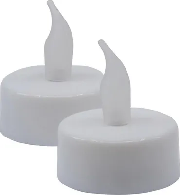 Two white LED tea lights with a flame-shaped light.