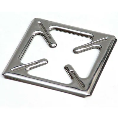 A close-up, studio shot of a metal gas stove grate insert on a white background.