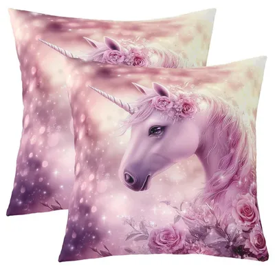 Obrázok produktu pre Poťahy na vankúše 40x40 cm, dievčenské, detské, farebné, s kvetinovým motívom, 2 kusy, štýl princeznej, ružové, "kawaii" (roztomilé), s motívom jednorožca, vankúšiky na pohovku, ružové, biele