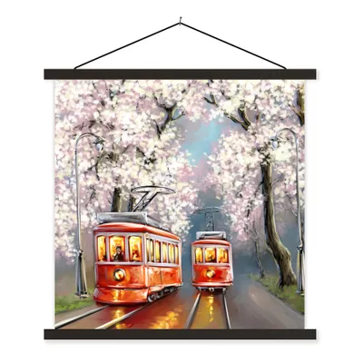 Produktbild von MuchoWow® Textilposter Gemälde - Ölgemälde - Straßenbahn - Blühender Baum 90x90 cm mit schwarzem Rahmen - Magnetisches