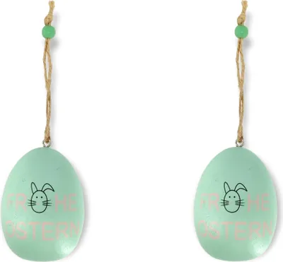 Produktbild von Holz Hase auf Ei mintgrün - Frohe Ostern 6 x 7,5cm 2 Stück Deko-Hänger Osterhase Osterei Anhänger