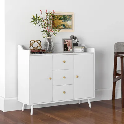 Produktbild von Sideboard Weiß 90x32x80 cm Anrichte im modernen skandinavischen Design Kommode aus Holzwerkstoff mit Massivholzbeinen 3 Schubladen & 2 Türen für Wohnzimmer