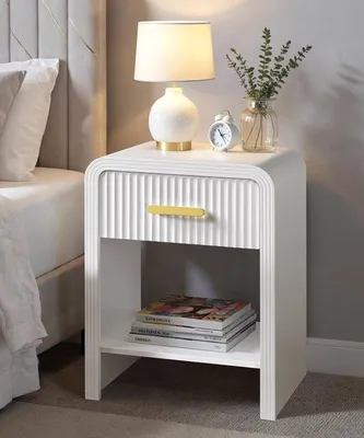 Produktbild von Azomor® Moderne weiße Beistelltisch mit Schublade und offenem Regal für stilvolle Einrichtung