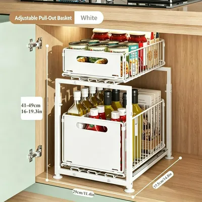 Produktbild von 2 Ebenen Küchenregale,Ausziehbarer Kohlenstoffstahl Regal,platzsparender Ablagerack für Gewürze, Flaschen und Küchenutensilien Gewürzregal,Weiß.