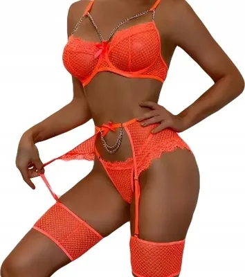 Productafbeelding van Mooie damesondergoedset: BH, string, korsetbanden, riem, oranje, maat L