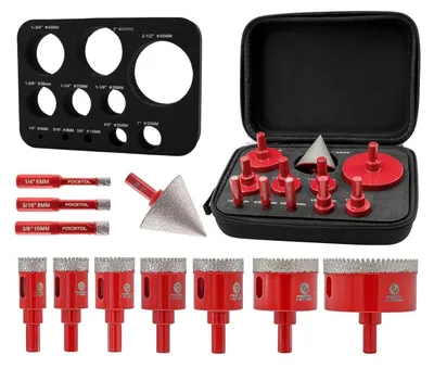 Produktbild von Diamant Fliesenbohrer Set 11 Stück (6-65mm) mit 50mm Fasenbohrer für Porzellan, Keramik, Marmor, Granit