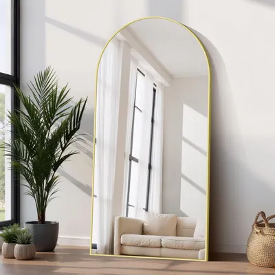 Image de Miroir mural complet de 198x96 cm avec cadre doré, idéal pour être posé au sol, adossé à un mur ou suspendu