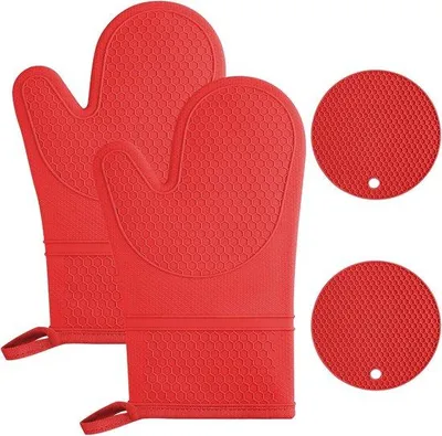 Imagen del producto de Guantes de silicona para la cocina con 2 agarraderas, guantes resistentes al calor para el horno (hasta 240 °C), guantes antideslizantes para la cocina, ideales para barbacoas, cocina, horno y microondas