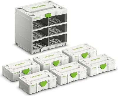 Produktbild von Festool Systainer-Rack SYS3-RK M für 6 MINI-Systainer, 396 x 296 x 337 mm, im Systainer-Format, modular, mit Federmechanismus, integrierbar in bott vario3 Fahrzeugeinrichtung, Deckellast 100 kg, gekoppelte Traglast 40 kg