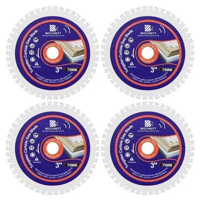 Zdjęcie produktu dla Tarcza do cięcia drewna z węglika wolframu, średnica 75 mm, otwór 10 mm, zestaw 4 sztuk, przeznaczona do cięcia drewna z gwoździami, laminatu, tworzyw sztucznych, płyt z włókna szklanego oraz resztek cementu