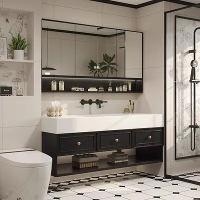 Immagine prodotto di Set di mobili da bagno Lavabo in pietra sinterizzata Armadio a specchio con illuminazione a LED Lavabo con cassetto e ripiano 120*55 【CK30】