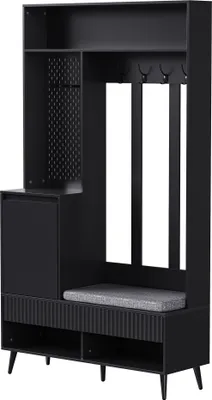 Produktbild von MODFU Flurgarderoben-Set Kleiderschrank mit Türen und Schubladen,Garderoben-Set Garderobenschrank mit Schuhbank,Wandgarderobe mit Haken, Schwarz