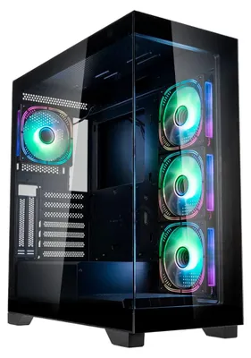 A black PC case with RGB lighting.