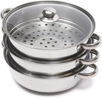 Produktbild von Dampfgarer aus Edelstahl - Dämpftopf 3-stöckig 28 cm - Glasdeckel - Für Manti/Dumplings - Spülmaschinenfest