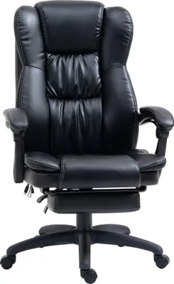 A black executive office chair with a footrest is shown against a white background.