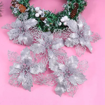 Produktbild von 12-teiliger Weihnachtsbaumschmuck, glitzernde Weihnachtssterne, künstliche Weihnachtsblumen, Weihnachtsbaumkranz