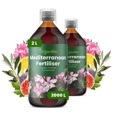 Obrázok produktu pre Tekuté hnojivo pre stredomorské rastliny, 2x 1 liter – vzorec NPK 3-4-3 – Vhodné pre stredomorské rastliny – Podporuje silný koreňový systém a bohatý rast listov – Organický produkt