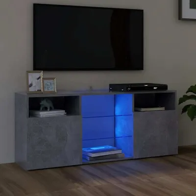 A TV stand with LED lights in a modern living room.