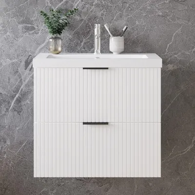 Produktbild von 60cm Badmöbel Set Mineralguss Waschtisch mit Unterschrank Weiß Matt  Badezimmerschrank mit geriffelte Schubladentüren