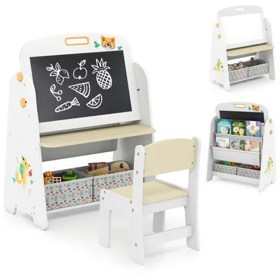Immagine prodotto di Tavolino da disegno per bambini con sgabello - Tavolo da gioco e da disegno bifacciale - Lavagna magnetica per gessetti e lavagna bianca - Libreria - Legno - Bianco