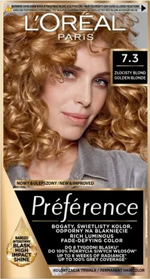 A box of L'Oreal Paris Preference hair dye, featuring a model with blonde curly hair.