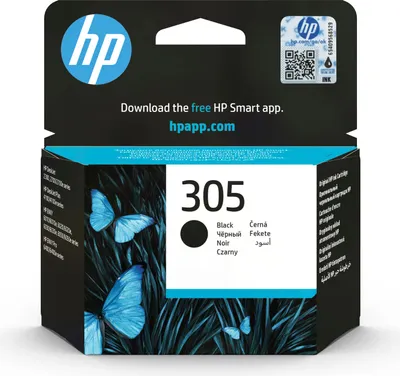 The image shows the packaging of an HP 305 black ink cartridge, featuring a dark background with blue butterflies and grass.