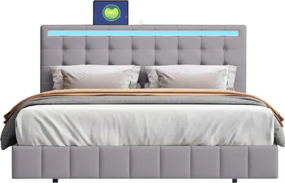 Image de Lit rembourré - Lit double 140x200 cm - Éclairage LED - Structure de lit suspendue - Revêtement en velours - Structure en bois - Tête de lit rembourrée - Gris clair