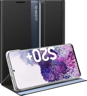 A black flip case for a Samsung Galaxy S20 Plus phone is shown, with the phone inside displaying the lock screen.