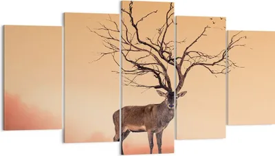 Produktbild von Bild auf Leinwand - Leinwandbild - Hirsch Baum Nebel Wald - 160x85cm - Wand Bild - Wanddeko - Leinwanddruck - Bilder - Kunstdruck - Wanddekoration - Leinwand bilder - Wandkunst - EA160x85-3127