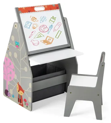 Immagine prodotto di Set tavolo e sedie per bambini 3 in 1 - Tavolo da disegno e cavalletto - Lavagna per gessetti e lavagna bianca magnetica - In legno con cestino portaoggetti in tessuto - Grigio chiaro