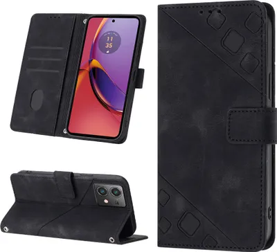 Produktbild von Hülle für Motorola Moto G84 Prägung Flip Leder Brieftasche Schutzhülle mit Ständer Schwarz