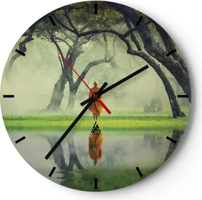 Produktbild von Wanduhr - Rund - Glasuhr - Mönch Wald Nebel - 40x40cm - Schleichendes Uhrwerk - Lautlos - zum Aufhängen bereit - Dekoration Modern - Wanddekoration aus Glas - C3AR40x40-4286
