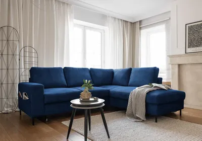 Produktbild von MIUFORM Lofty Lilly Ecksofa mit Bettfunktion L-FORM RECHTS – 237 x 197 cm - Marineblau - Sofa Schlafsofa Couch