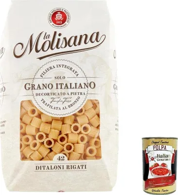 Produktbild von 5x La Molisana Ditaloni rigati N. 42 Pasta Lenta Lavorazione Teigwaren aus Hartweizengrieß Bronze-Zeichnung 500g + Italian Gourmet Polpa 400g